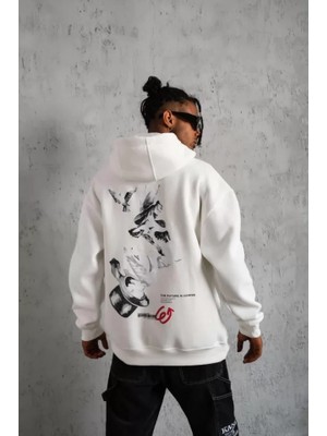 Flamex Erkek Şapkalı Güvercin Baskılı Kapşonlu Sweat - Beyaz