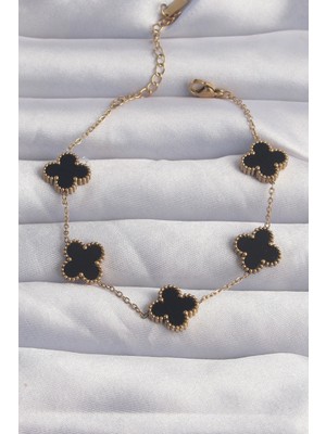 Pileli Store 316L Çelik Gold Renk Siyah Mineli Yonca Bileklik