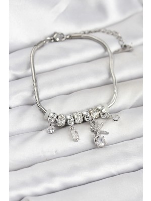 Pileli Store Pirinç Gümüş Renk Tinkerbell Charmlı Kadın Bileklik