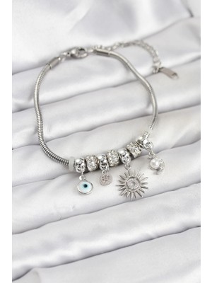 Pileli Store Pirinç Gümüş Renk Güneş Charmlı Kadın Bileklik