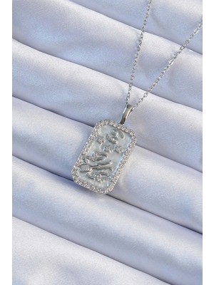 Pileli Store 316L Çelik Zincir Gümüş Renk Zirkon Taşlı Çerçeveli Tarot Kolye
