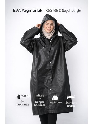 Pileli Store Eva Yağmurluk Kapüşonlu Çıtçıtlı Su ve Rüzgar Geçirmez Standart Beden Pardesü