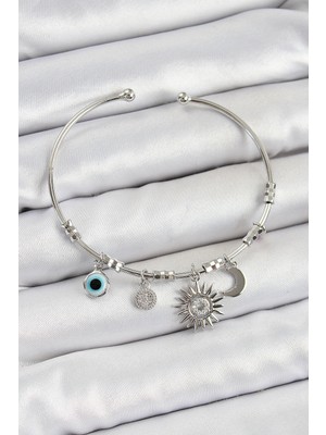 Pileli Store Pirinç Zirkon Taşlı Güneş Ay ve Nazar Model Gümüş Renk Charm Bileklik