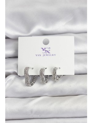 Pileli Store Gümüş Renk Pirinç Zirkon Taşlı Kalpli Kadın Küpe