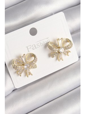 Pileli Store Pirinç Gold Renk Zirkon Taşlı Fiyonk Model Kadın Küpe