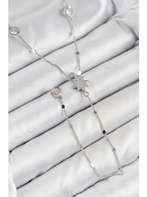 Pileli Store Pirinç Zirkon Taşlı Kutup Yıldızı Model Gümüş Renk Y Kolye