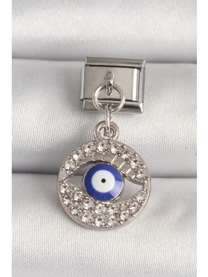Pileli Store 316L Çelik Gümüş Renk Zirkon Taşlı Göz Model Nazar Boncuk Detay Nomination Charm