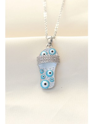 Pileli Store 316L Zinciri Çelik Zirkon Taşlı Gümüş Renk Nazar Boncuklu Terlik Kolye