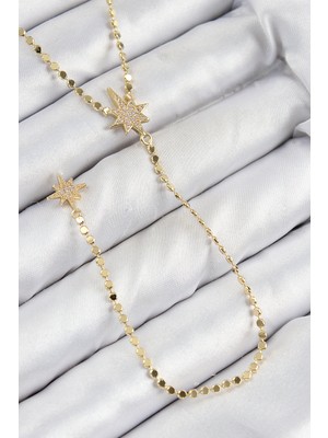 Pileli Store Pirinç Zirkon Taşlı Ezme Zincirli Kutup Yıldızı Model Gold Renk Y Kolye