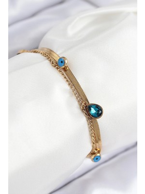 Pileli Store 316L Çelik Nazar Boncuk Detaylı Mavi Zirkon Taşlı Model Italyan Zincir Gold Renk Kadın Bilekli