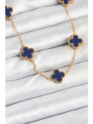 Pileli Store 316L Çelik Zincir Gold Renk Lacivert Yonca Kadın Kolye