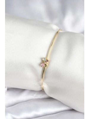 Pileli Store Renkli Kelebek Figür Gold Renk Pirinç Kadın Bileklik