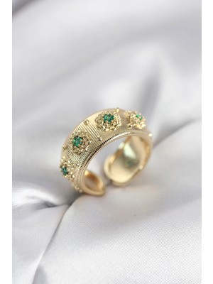 Pileli Store Yeşil Zirkon Taşlı Gold Renk Vintage Kadın Yüzük