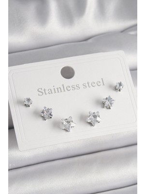 Pileli Store 316L Çelik Gümüş Renk Zirkon Taşlı Yıldız Model Kadın Küpe Seti