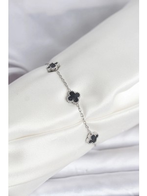 Pileli Store 316L Çelik Gümüş Renk Siyah Baby Boy Yonca Bileklik