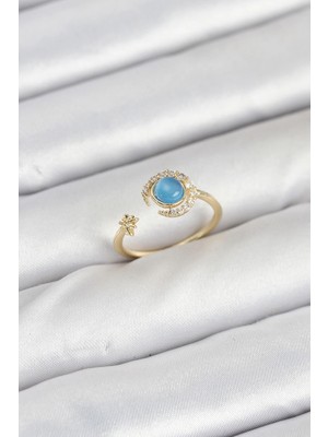 Pileli Store Pirinç Gold Renk Zirkon Taşlı Ay Yıldız Kadın Yüzük