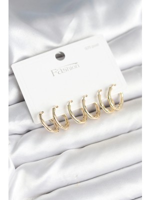 Pileli Store Pirinç Gold Renk Kemik Halka Model 925 Ayar Gümüş Çivili Kadın Küpe Seti