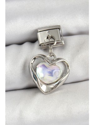 Pileli Store 316L Çelik Sallantılı Zirkon Taşlı Kalp Model Gümüş Renk Nomination Charm