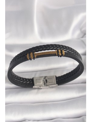 Pileli Store 316L Çelik Gold Renk Zikzak Işlemeli Aksesuarlı Çift Sıra Burgu Desenli Deri Kordon Erkek Bile