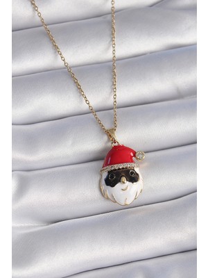 Pileli Store 316L Çelik Gold Renk Zincir Zirkon Taşlı Yılbaşı Temalı Noel Baba Figür Kadın Kolye
