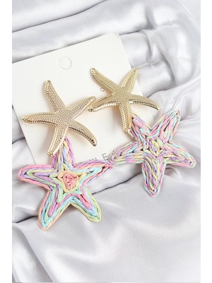 Pileli Store Pirinç Sallantılı Rainbow Deniz Yıldızı Model Gold Renk Hasır Küpe