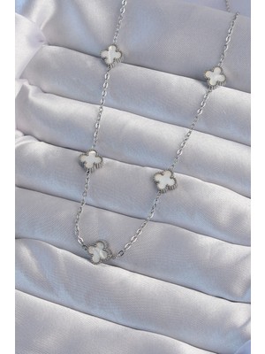 Pileli Store 316L Çelik Gümüş Renk Minimal Beyaz Sedefli Yonca Kolye