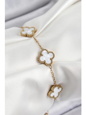 Pileli Store 316L Çelik Beyaz Sedef Yonca Model Gold Renk Kadın Bileklik