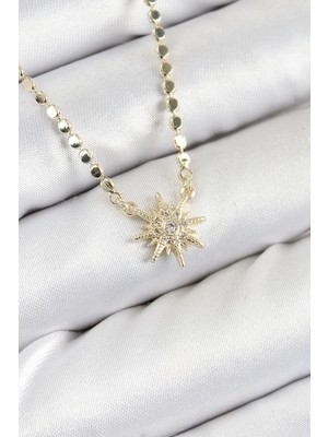 Pileli Store Pirinç Zirkon Taşlı Kutup Yıldızı Model Ezme Zincir Gold Renk Kadın Kolye