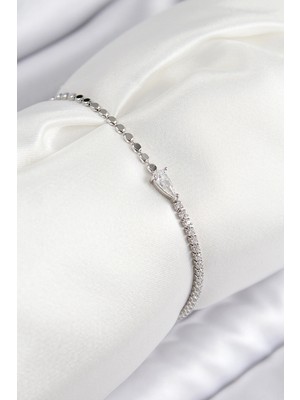 Pileli Store Pirinç Zirkon Taşlı Damla Model Ezme Zincir Gümüş Renk Kadın Bileklik