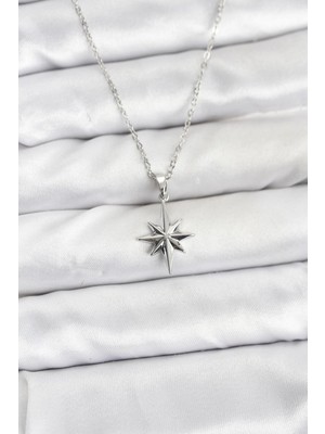 Pileli Store 316L Çelik Zincir Gümüş Renk Kutup Yıldızı Model Kadın Kolye