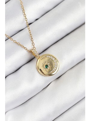 Pileli Store 316L Çelik Zirkon Taşlı Ay ve Güneş Model Gold Renk Kadın Kolye