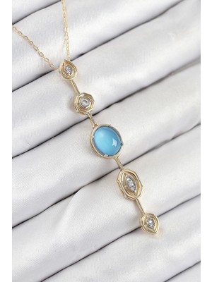 Pileli Store Pirinç Zincir Mavi Gold Renk Zirkon Taşlı Y Kolye