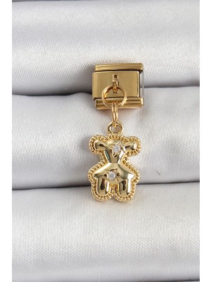 Pileli Store 316L Çelik Sallantılı Zirkon Taşlı Ayıcık Model Gold Renk Nomination Charm