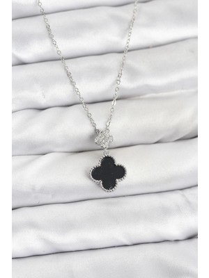 Pileli Store 316L Çelik Zincir Gümüş Renk Yonca Model Zirkon Taşlı Kadın Kolye
