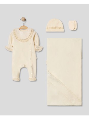 Lenna Baby Naturel Brodeli Detaylı 4'lü Yenidoğan Kız Bebek Hastane Çıkışı %100 Pamuk