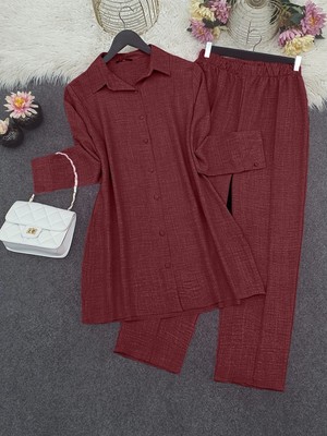 Modamorfo Top Düğme Gömlek Pantolonlu Takım   -Bordo