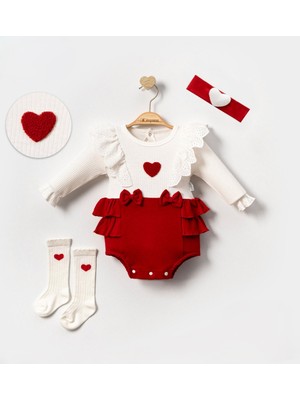 Lenna Baby Kız Bebek Kalp Nakışlı Fırfırlı Tulum Takımı %100 Pamuk Uzun Kollu Bebek Kombini Çorap ve Saç Bandı