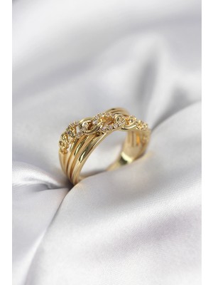 Pileli Store Gold Renk Zirkon Taşlı Zincir Model Kadın Yüzük