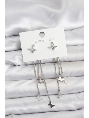 Pileli Store Kelebek Model Gümüş Renk Pirinç Sallantılı Kadın Küpe