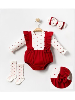 Lenna Baby Kız Bebek Kalpli Salopet Tulum Takım %100 Pamuk Body Askılı Romper ve Çoraplı Bebek Kombini