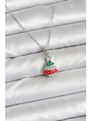 Pileli Store 316L Çelik Zincir Gümüş Ren Çam Ağacı Model Zirkon Taşlı Yılbaşı Temalı Kadın Kolye