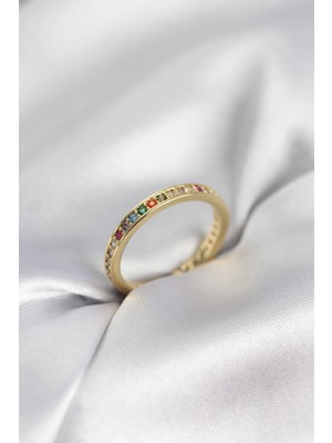 Pileli Store Gold Renk Sıralı Renkli Zirkon Taşlı Kadın Yüzük