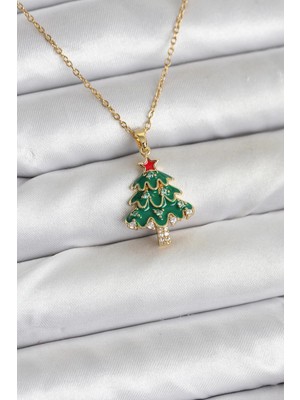 Pileli Store 316L Çelik Zincir Gold Renk Çam Ağacı Model Yılbaşı Temalı Kadın Kolye
