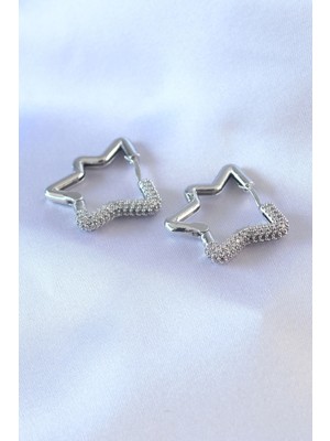Pileli Store Gümüş Renk Yıldız Model Zirkon Taşlı Pirinç Kadın Küpe