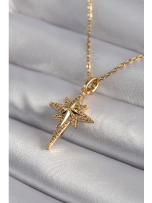 Pileli Store 316L Çelik Gold Renk Zirkon Taşlı Kutup Yıldızı Model Kadın Kolye
