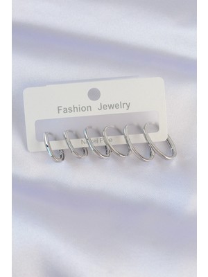 Pileli Store Pirinç Gümüş Renk Ince Oval Küpe Seti