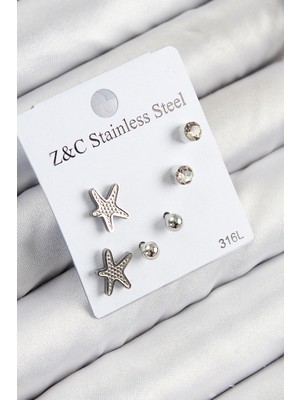 Pileli Store 316L Çelik Zirkon Taşlı Deniz Yıldızı Model Gümüş Renk Kadın Set Küpe