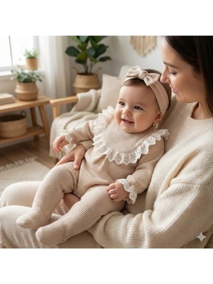 Lenna Baby Waffle Kumaş Fistonlu 2'li Tulum Kız Bebek Yenidoğan Mevlüt Takımı Bandanalı Hastane Çıkışı