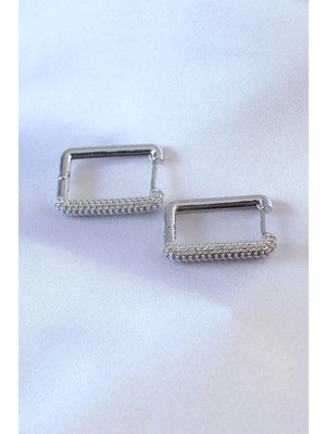 Pileli Store Gümüş Renk Kare Model Zirkon Taşlı Pirinç Kadın Küpe