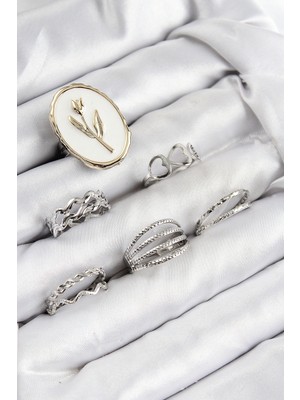 Pileli Store Pirinç Zirkon Taşlı Lale Model Gümüş Renk Kadın Yüzük Kombin Set